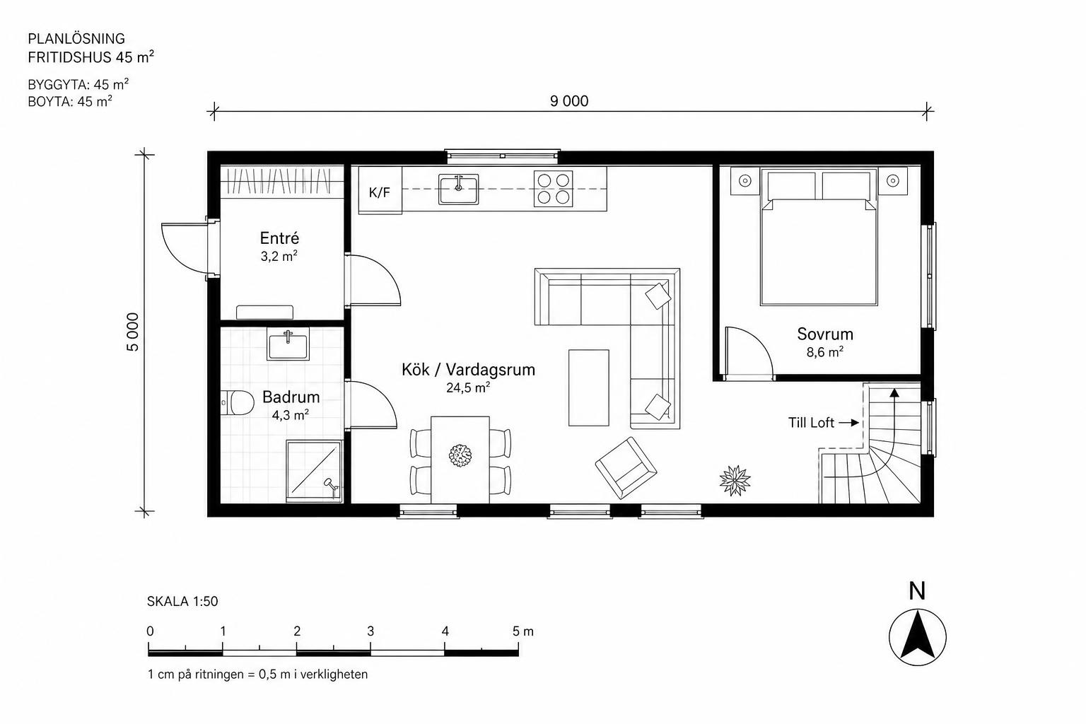 Planlösning Flexhus Kompakt 45 kvm
